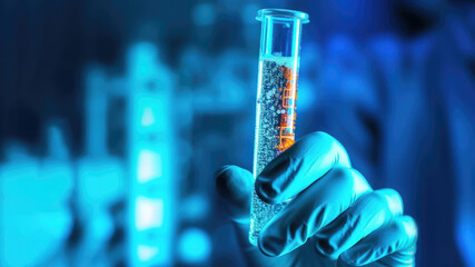 A human hand in a rubber glove holding a laboratory test tube