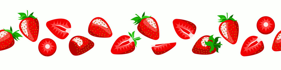 horizontal strawberry stripe, banner, seamless texture, drawn vector illustration. various red juicy whole berries and pieces.