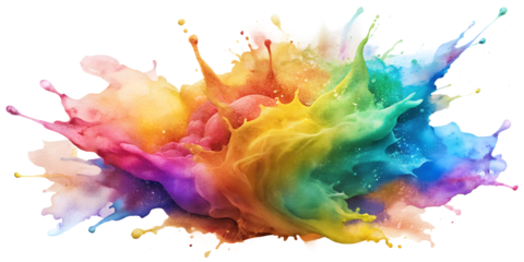 An abstract image of colorful liquid paint splattered on a white background, creating a vibrant and dynamic composition