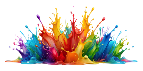 A vibrant and energetic display of colorful paint splashes against a stark white background