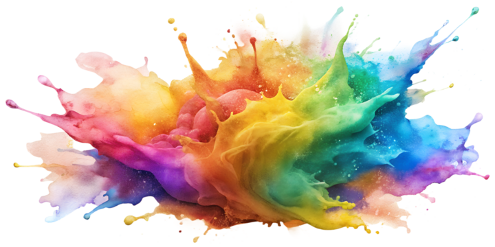 An abstract image of colorful liquid paint splattered on a white background, creating a vibrant and dynamic composition