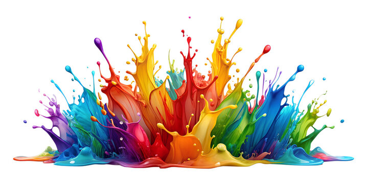 A vibrant and energetic display of colorful paint splashes against a stark white background