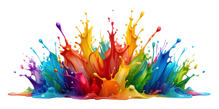 A vibrant and energetic display of colorful paint splashes against a stark white background