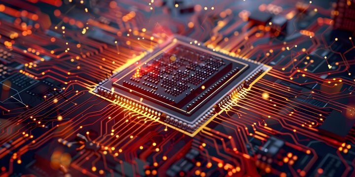 Visualizing Quantum Processor Chip with Dynamic Display of Superconducting Circuits and Particles. Concept Quantum Computing, Superconducting Circuits, Quantum Processor Chip, Particle Visualization