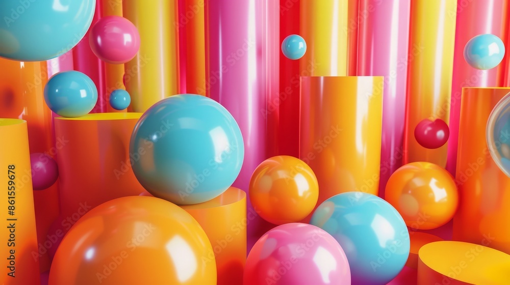Poster 3d render of colorful spheres and cylinders. abstract background with geometric shapes for product d