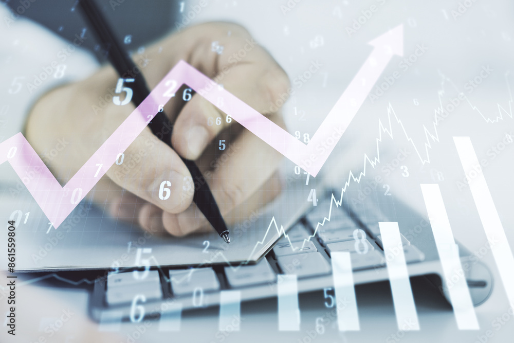 Aufkleber multi exposure of abstract creative financial graph with upward arrow and hand writing in notebook o