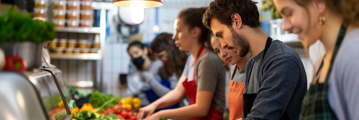 Fototapeta premium A bustling kitchen scene where volunteers are busy preparing food together, displaying teamwork and a sense of community and service.