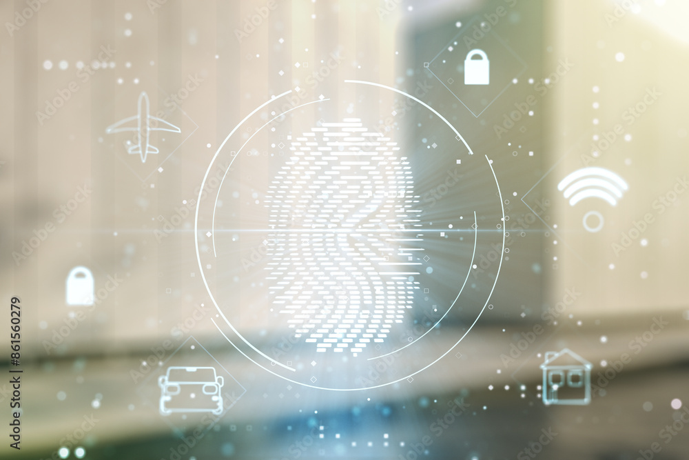 Poster Multi exposure of virtual fingerprint scan interface on contemporary business center exterior background, digital access concept