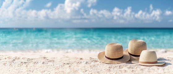 Three straw hats are placed on a pristine sandy beach with a beautiful turquoise ocean and a clear blue sky in the background. The image captures a serene and relaxing beach setting