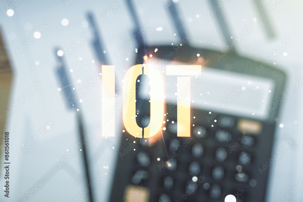 Poster abstract virtual iot hologram on calculator background. multiexposure
