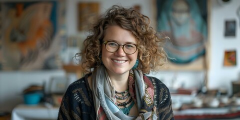 Smiling woman with curly hair glasses scarf and necklace in artfilled room. Concept Fashion, Accessories, Stylish, Art, Indoorportrait