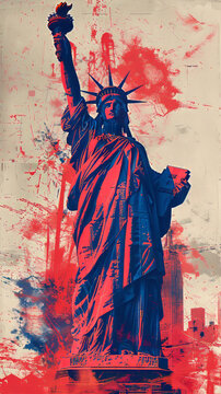 statue of libery. Statue of liberty. Low camera angle. red white and blue pop art.generative ai
