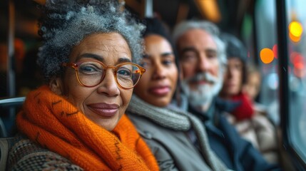 Obraz premium A senior woman, wearing glasses and a bright scarf, smiles with her family on public transport. The image captures warmth, companionship, and joyful moments during travel.