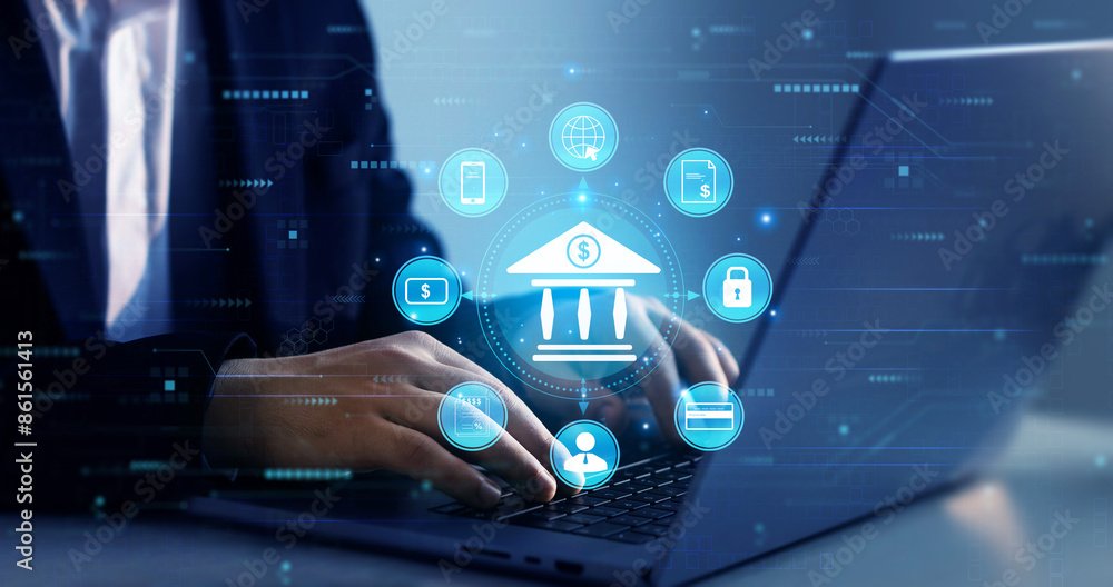 Poster digital marketing and online banking technology. financial digital innovation technology. finance an