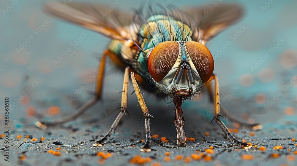 Aufkleber capturing the intricate details of an insect, this close-up image shows a fly on a blue surface, emp