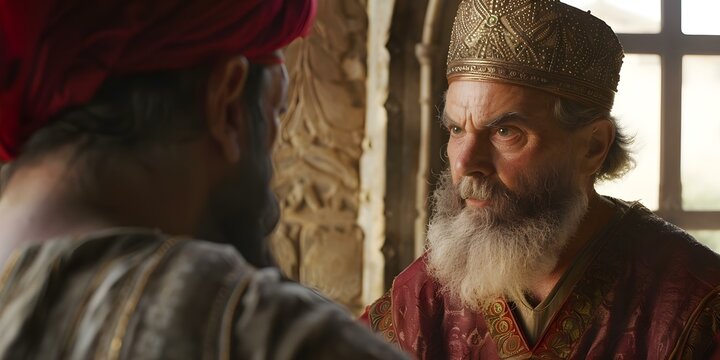 King David conversing with Bathsheba through a palace window. Concept Historical Painting, Biblical Art, Palace Scene, Romantic Conversation, Intriguing Composition