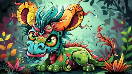Obraz premium Whimsical illustration of a mythical creature, vibrant colors, playful, fantasy art