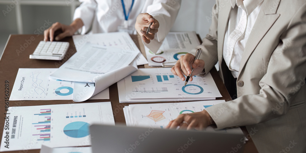 Poster business teamwork planning and analysis discussion with charts and graphs in modern office setting