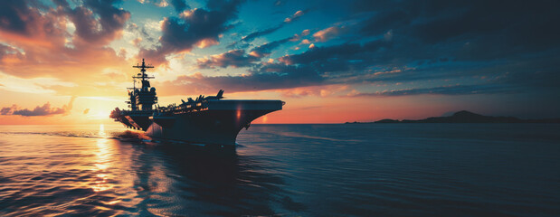 Us navy aircraft carrier sailing through sunset