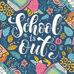 Various motifs on the topic of school holidays and school is out, suitable for heat holidays, summer holidays or autumn holidays. Beach, palm trees, water and text in handwritten letters