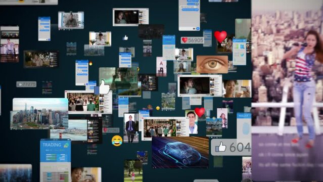  Future Technology Dynamic Array of Floating Digital Screens Displaying News, Social Media, and Lifestyle Content. Visualization of Messenger Apps, Dating Profiles, Entertainment Viral Videos. AR - Powered by Adobe