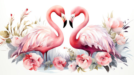 Watercolor painting of two pink flamingos in love with flowers.