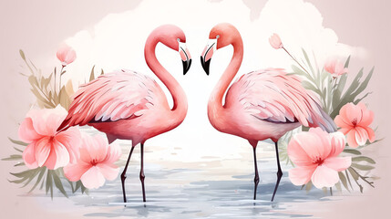 Obraz premium Pink flamingos and soft floral arrangement, flat design, scattered design, spring theme, watercolor illustration, colored pastel