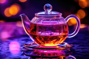 Transparent Glass Teapot with Tea on Blurred Purple Background