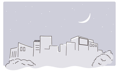 夜のビル街　線画イラスト