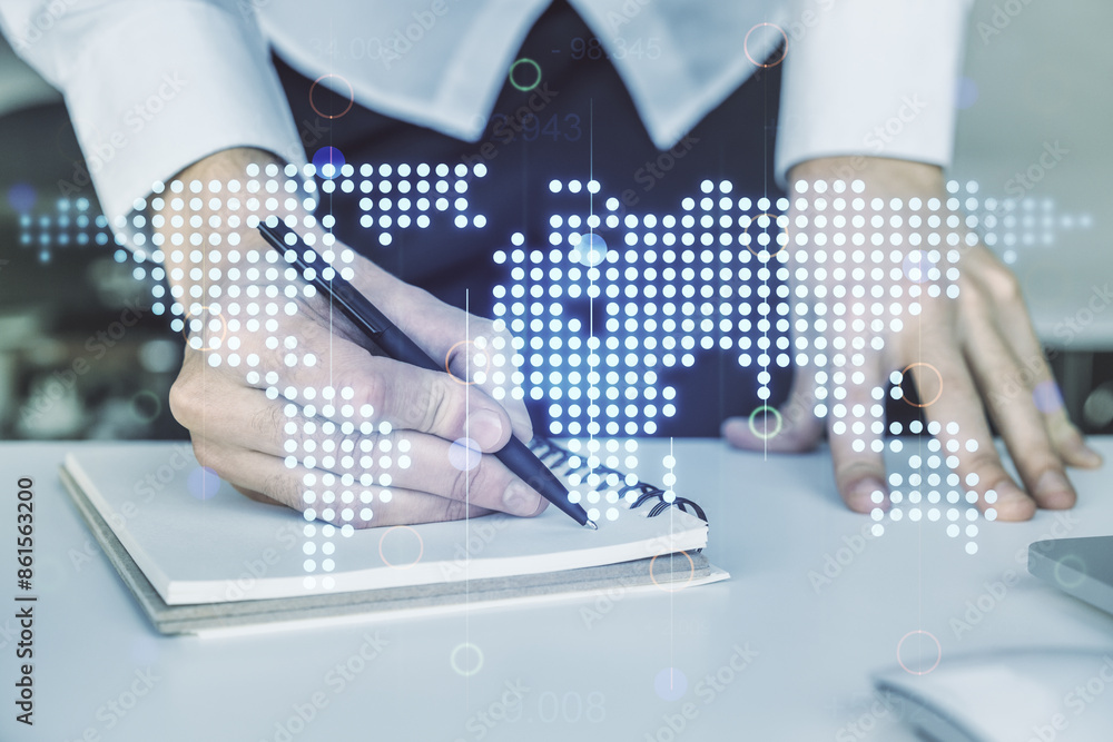 Aufkleber double exposure of abstract digital world map and hand writing in notebook on background with laptop