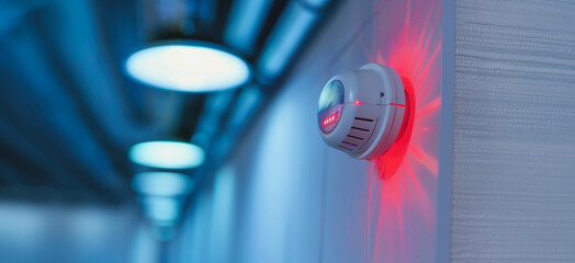 White smoke detector with red flashing light in a room with ceiling lights