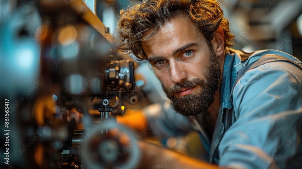 Poster an engineer intensely works on a piece of machinery in a workshop, showcasing his dedication and tec
