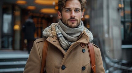 Naklejka premium A man in a stylish brown winter coat and scarf, standing confidently in an urban environment, portraying a blend of fashion and self-assuredness amidst the cityscape.