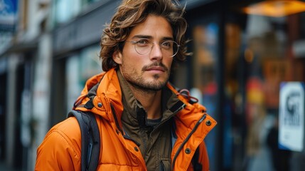 Fototapeta premium A young man wearing an orange jacket and glasses, standing outside in an urban setting, embodying a blend of contemporary fashion, casual style, and thoughtful expression.