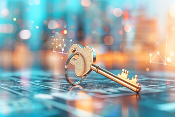 Golden key with a wooden heart-shaped keychain on a digital interface, representing security and technology in cityscape background.