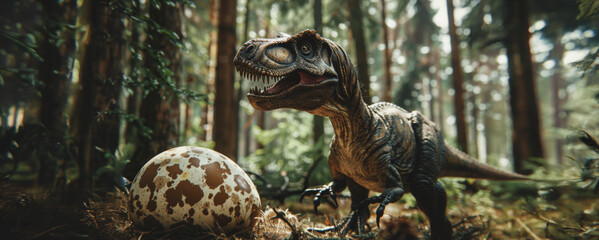 Obraz premium Young t-rex dinosaur hatchling emerges from egg in ancient forest