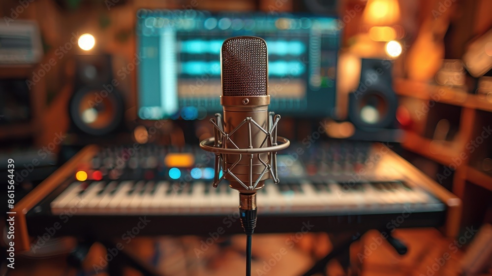 Poster a close-up of a microphone set up in a professional recording studio, highlighting its intricate des
