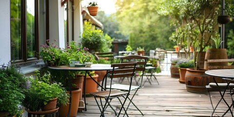 Stylish House Terrace with Furniture and Plants. Concept Terrace Decor, Stylish Furniture, Plant Styling, Outdoor Living Space, Home Design