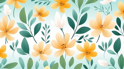 Fototapeta premium Seamless floral pattern with yellow and white flowers and green leaves on a blue background.