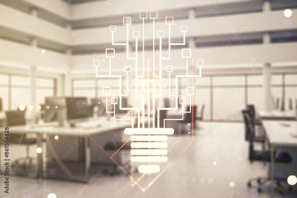 Poster Virtual creative idea concept with light bulb and microcircuit illustration on a modern furnished office background. Neural networks and machine learning concept. Multiexposure