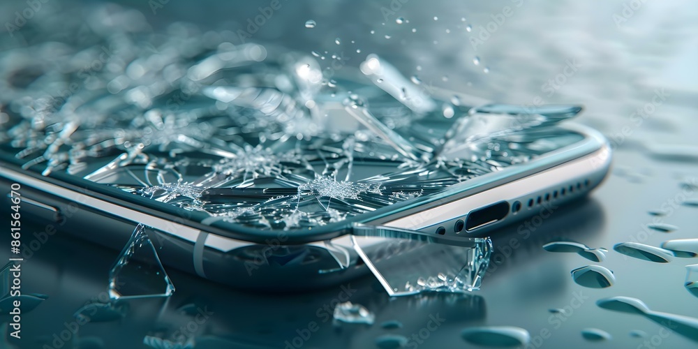 Poster dangers of falling for scams highlighted by shattered phone screen displaying scam messages. concept