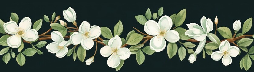 Fototapeta premium Panoramic Watercolor Illustration of White Flowers