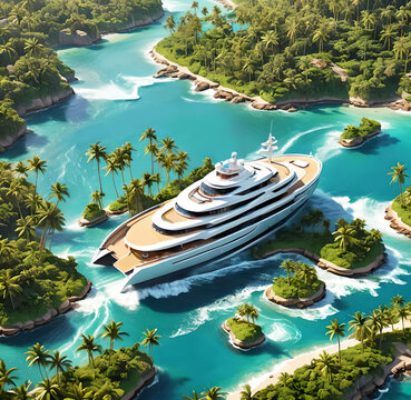 Luxurious yact in a bay eyebird view amond little islands with palm trees