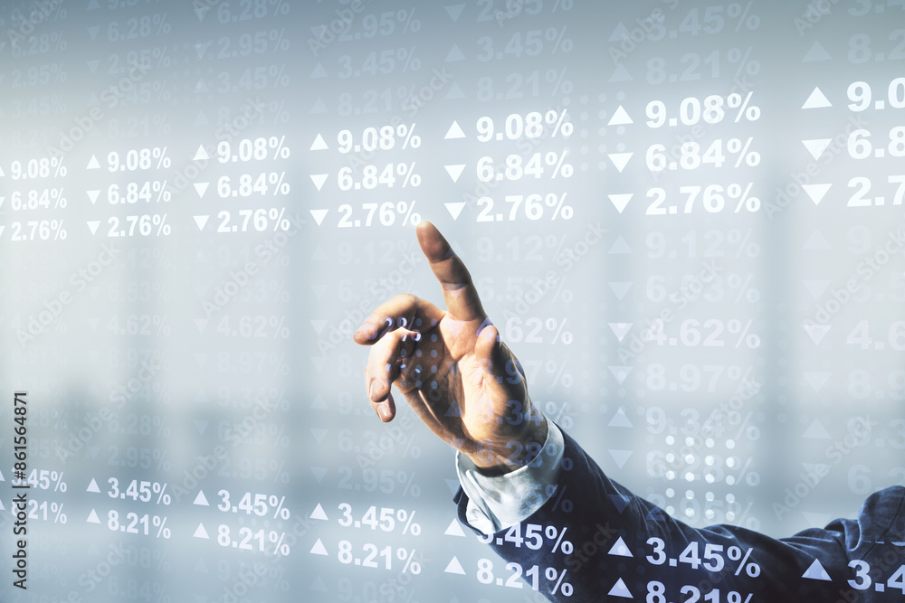 Poster double exposure of male hand working with abstract creative statistics data hologram on blurred offi