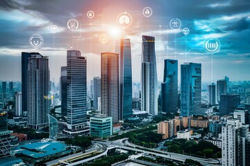 Obraz premium Urban landscape with skyscrapers and digital icons, depicting tech infused city
