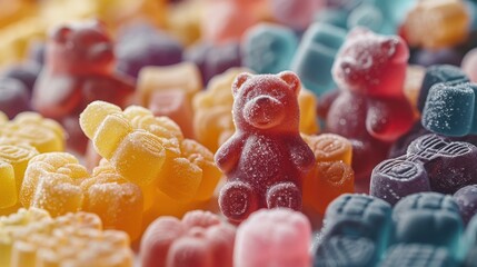 A highly detailed close-up image of colorful gummy bears, offering a playful view of various gummy shapes and patterns, representing joy and delight in sweet treats.