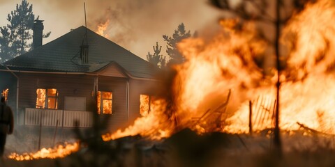 Urgent Situation House Threatened by Forest Fire. Concept Emergency Response, Wildfires, Evacuation Procedures, Forest Fire Safety, Community Support