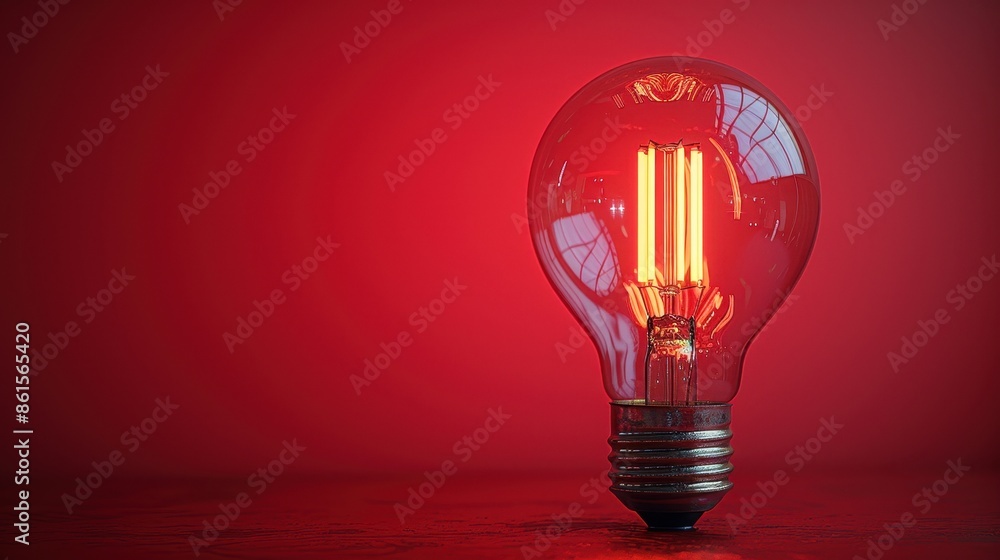 Poster a close-up shot of a red light bulb illuminating a dark room, showcasing its filament design and vib