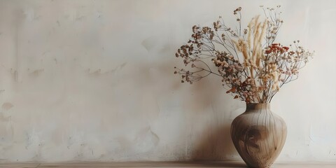 Dried flower bouquet in wooden vase against blank wall for home decor. Concept Home Decor, Dried Flowers, Wooden Vase, Blank Wall, Interior Design