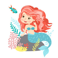 Hand drown vector illustration of Beautiful Girl Mermaid with pink hair. Underwater marine life of a coral reef